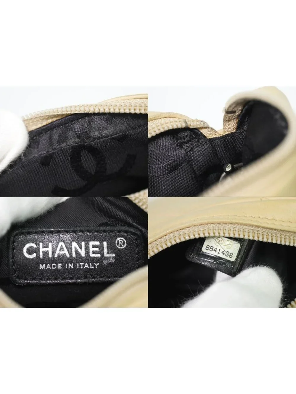 Chanel CC Logo Cambon Line Shoulder Bag Pochette Lambskin Leather Beige Black